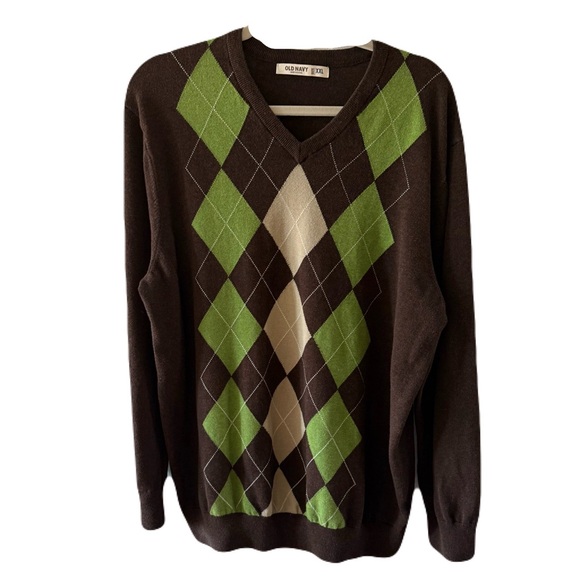 2010s Old Navy V-Neck Sweater Green and Brown Argyle - Picture 1 of 4